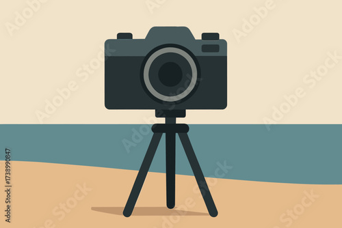 Sandy ocean standing beach illustration horizon shore flat tripod vector simple camera