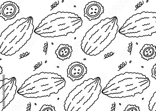 Seamless pattern of bitter melons and cross-sections with seeds, hand-drawn in black outline on a white background.