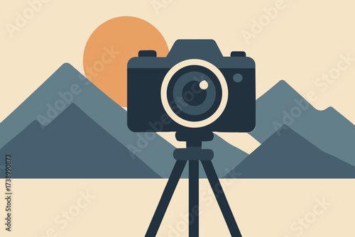 Pointed simple rising behind illustration camera sunrise sun flat mountains placed vector
