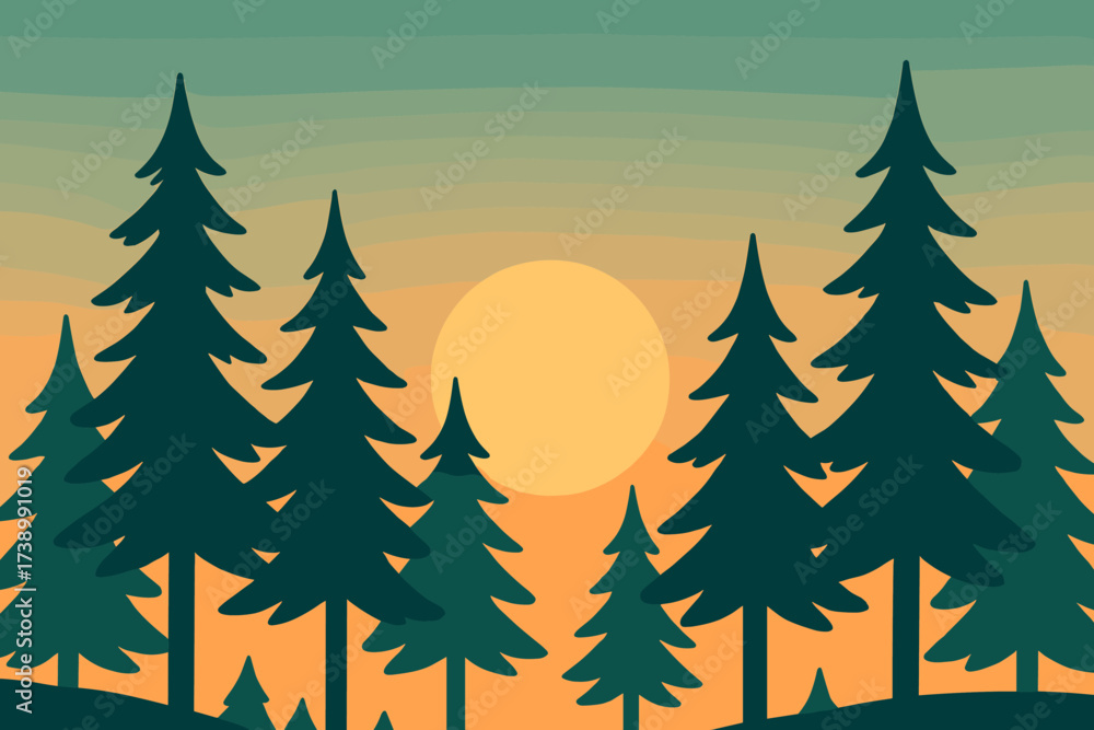Obraz premium Fir vector forest trees minimalist gradient sun sunrise rising tall silhouette illustration
