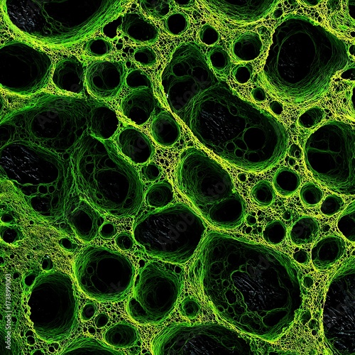 Explore a stunning organic network in vibrant green and black, a unique and dynamic texture perfect for modern designs and science visualizations