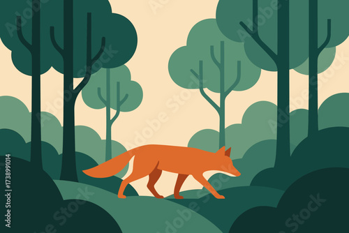 Color blocks stylized layered walking fox forest minimalist vector illustration flat woodland