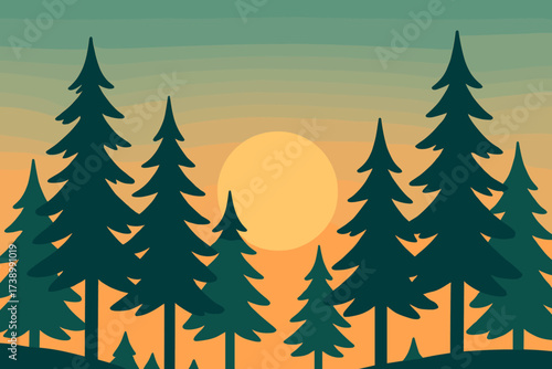 Fir vector forest trees minimalist gradient sun sunrise rising tall silhouette illustration
