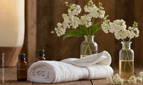 Serene spa day ambiance with essential oils and delicate white blossoms, inviting relaxation and wellness in a calming, natural setting for mindful moments