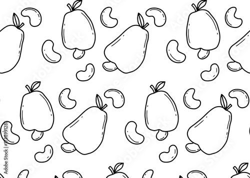 Seamless pattern featuring outlined cashew fruits and nuts scattered across a white background, creating a simple and elegant design.