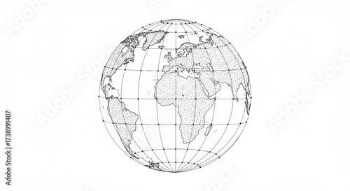 Classic hand drawn globe map shows continents and latitude longitude grid
