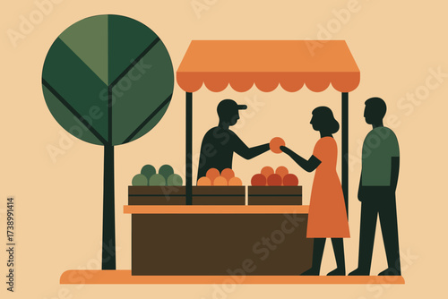 Under minimalist fruit silhouette flat geometric customers serving market scene vector stand