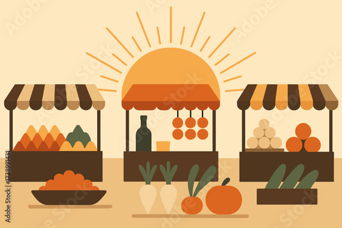 Market minimalist over filled morning stalls goods scene stylized vector illustration