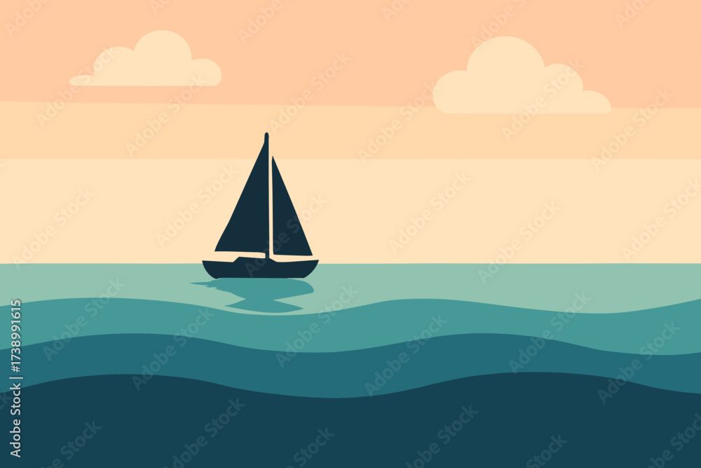 Naklejka premium Under geometric ocean sky silhouette vector pastel flat water minimalist waves illustration