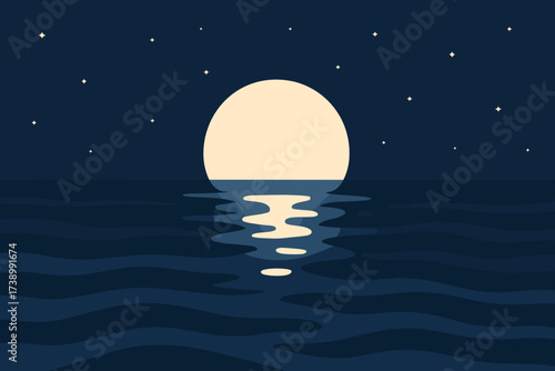 Illustration minimal moonlit night waves reflection vector ocean simple flat moonlight sky