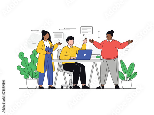 Three colleagues having a creative discussion and brainstorming session