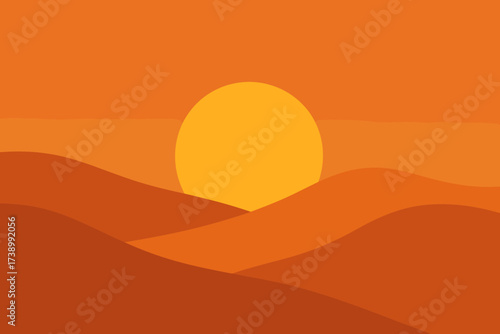 Sunset scene dunes illustration stylized below minimalist circular sun vector dipping