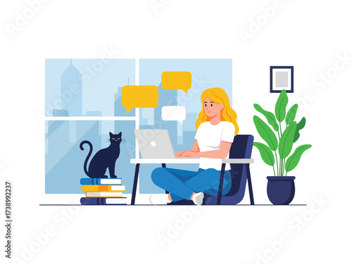 Woman Working Remotely at Home Office Desk with Laptop and Black Cat