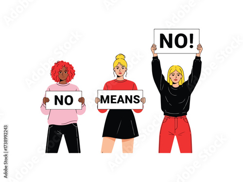 Three Diverse Women Holding Signs Saying 'NO MEANS NO!' Vector Illustration
