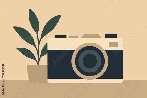 Beside minimalism illustration placed camera table simple it retro plant vector