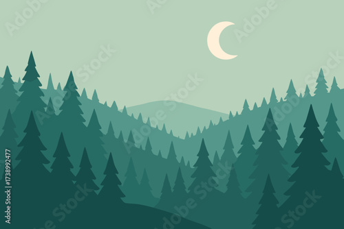 Minimalist forest illustration simple into shape distance fading hills layered moon scene