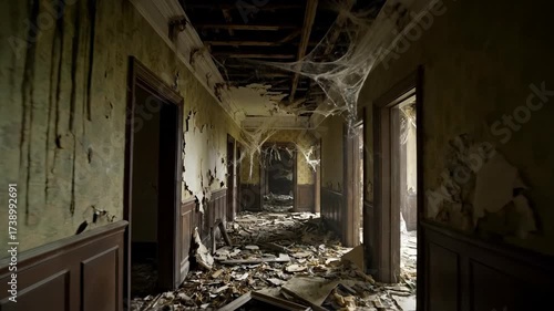 Handheld Tracking Shot Through a Decaying, Cobwebbed Hallway in an Abandoned Gothic Mansion mysterious, decaying, horror