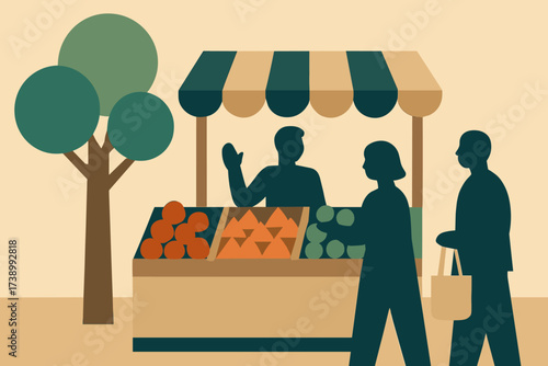 Illustration vendor serving market silhouette stand tree under scene vector minimalist flat