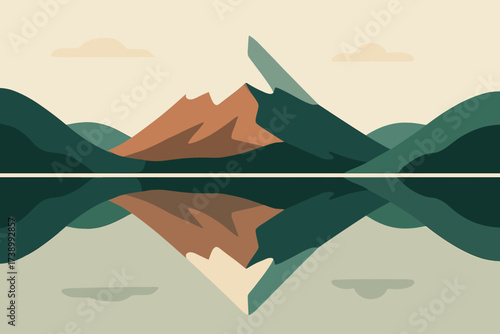 Reflection shapes vector illustration reflected minimalist simple mountain flat mirrored calm lake