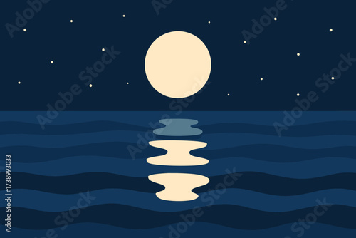 Simple illustration night flat abstract sky waves reflection moonlit vector ocean