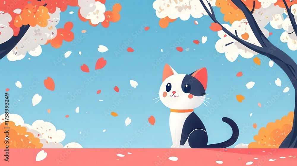 Fototapeta premium Cute Cartoon Cat with Floating Cherry Blossoms