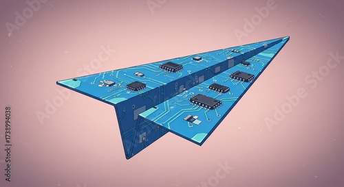 Futuristic paper airplane crafted from circuit board flies forward, symbolizing innovation