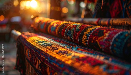 Vibrant Turkish Rugs and Textiles on Display at a Bazaar.