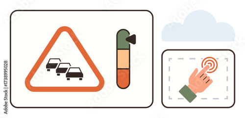 Caution sign for traffic, progress indicator, and touch interaction symbolizing road safety, control, and automation. Ideal for transportation, innovation, signal, alert navigation technology