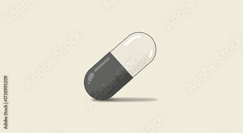Single medicinal capsule with dark gray and white halves, isolated on a soft background.