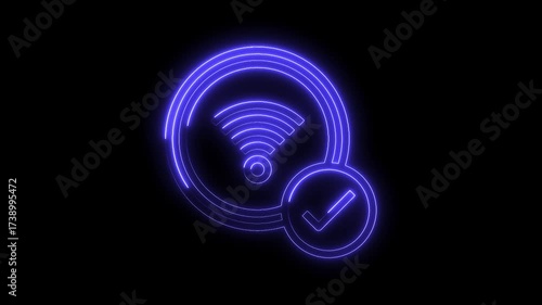Secure wifi connection neon glow animation with check mark on black background
