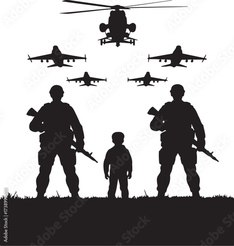 Soldiers protect child with military aircraft overhead