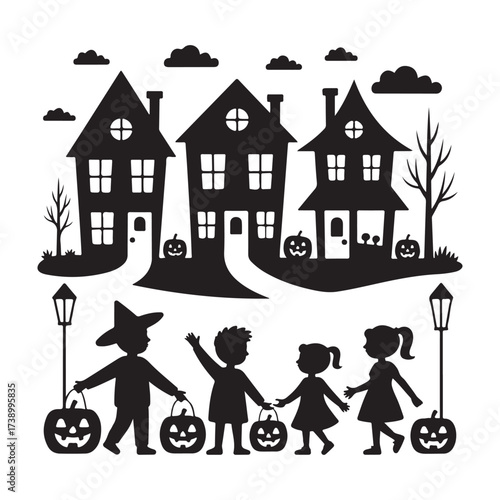 Spooky halloween night with children trick or treating in front of haunted houses silhouette