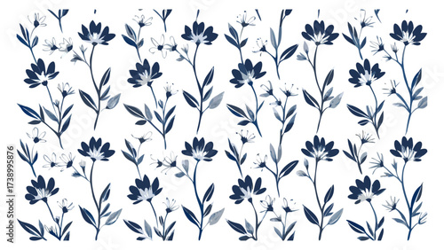 Elegant botanical pattern featuring indigo flowers and foliage, perfect for sophisticated designs and adding a touch of nature-inspired beauty to your projects