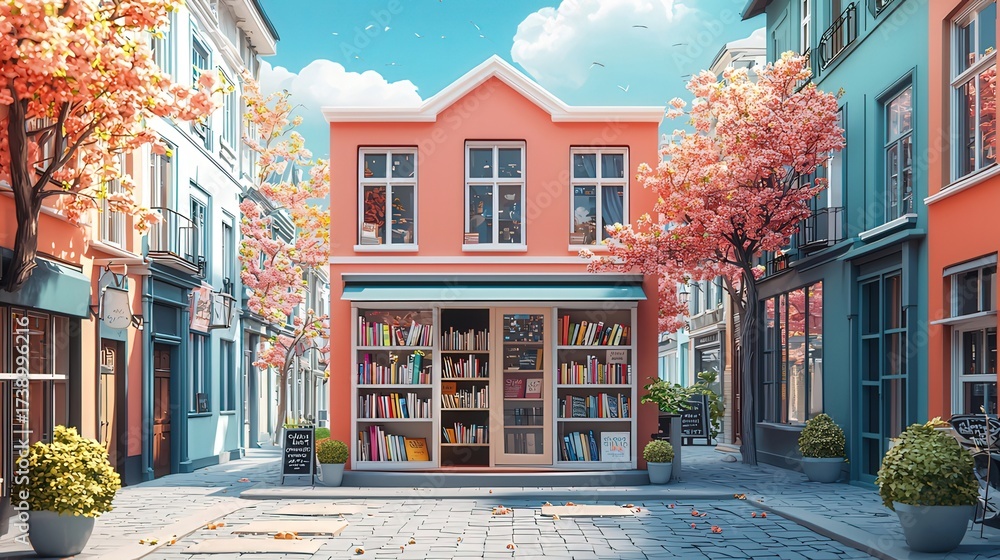 Fototapeta premium A charming pink two-story bookstore with autumn trees.