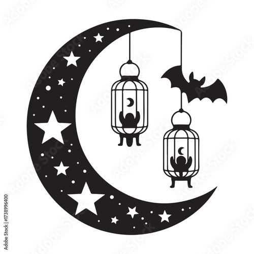Crescent moon with stars lanterns and bat silhouette for halloween