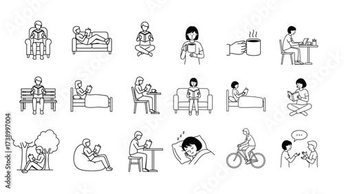 Vector Daily Activities Icons – Reading, Coffee, Work, Rest