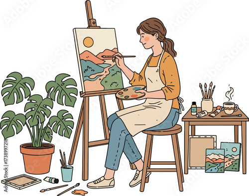 Woman Painting a Landscape on Canvas as a Creative Hobby	