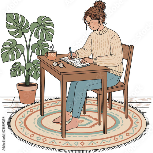 Woman Studying, Writing, or Working from Home Comfortably	