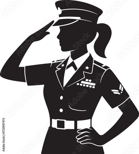 Woman in military uniform salutes with pride