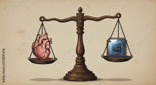 Balancing heart and mind, emotion versus logic, on antique scales