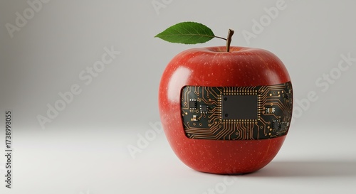 Red apple with futuristic circuit board integration symbolizing innovation and technology