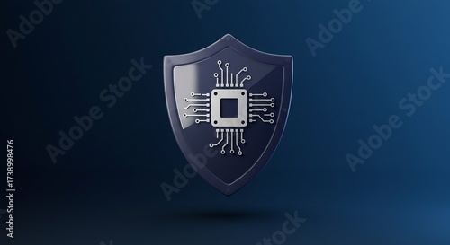 Digital shield protects data with integrated circuit, symbolizing cybersecurity and innovation.