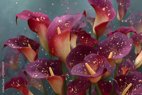 Elegant Calla Lily Arrangement with Golden Accents, Floral Design with Purple and Red Blooms, Artistic Botanical Illustration for Wallpaper and Backgrounds