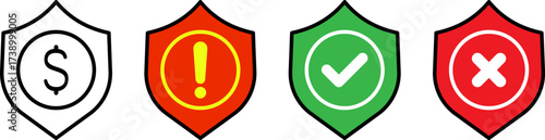 Four shield icons representing financial status and decisions