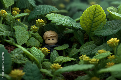 Toy Figure Hidden Among Lush Greenery and Yellow Flowers, Miniature World, Playful Scene, Childhood Fantasy, Detailed Macro Shot