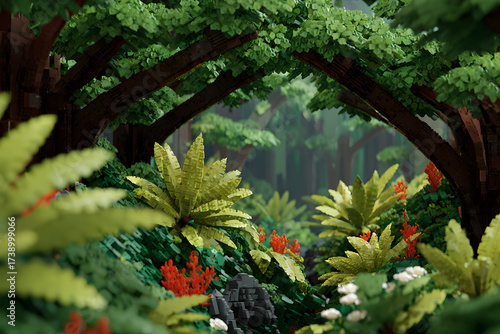 Lush Tropical Jungle Scene Constructed from Building Blocks, Featuring Dense Green Foliage, Red Flowers, and a Serene, Dreamlike Atmosphere, Perfect