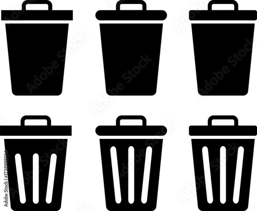 Collection of black silhouette trash can icons