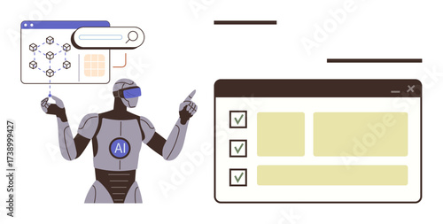 Robotic figure using AI for task execution, interacting with browser windows and data visuals. Ideal for innovation, automation, technology, progress, efficiency, productivity, simple flat metaphor
