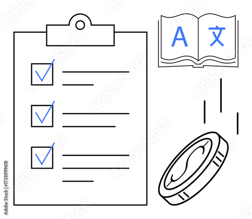 Clipboard checklist with blue checkmarks, open book with translation letters, and coin drop. Ideal for education, goal setting, productivity, language skills, planning, budgeting self-improvement