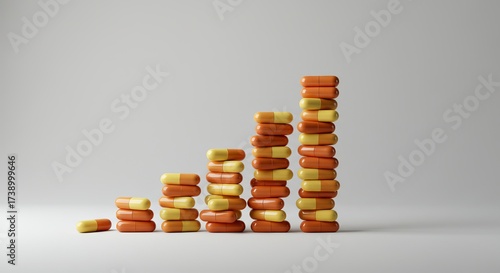 Pill stacks visually represent growing pharmaceutical industry success and healthcare costs